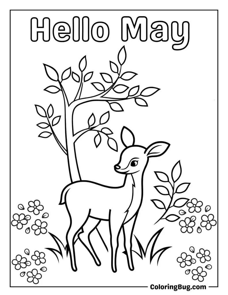 Deer beside tree with flowers, Hello May title