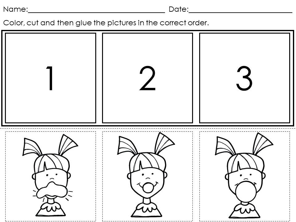 Sequencing worksheet with three numbered boxes and faces