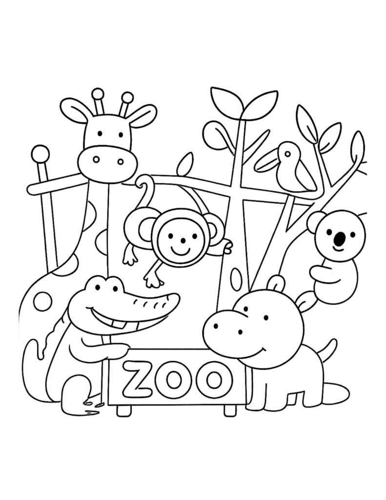 Cartoon zoo animals around a sign reading ZOO