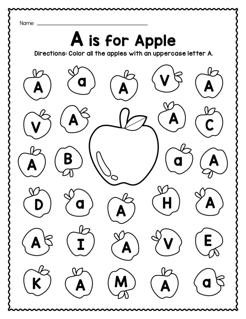Alphabet worksheet with apples and letter A search task