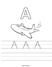 Letter A with airplane tracing worksheet lines