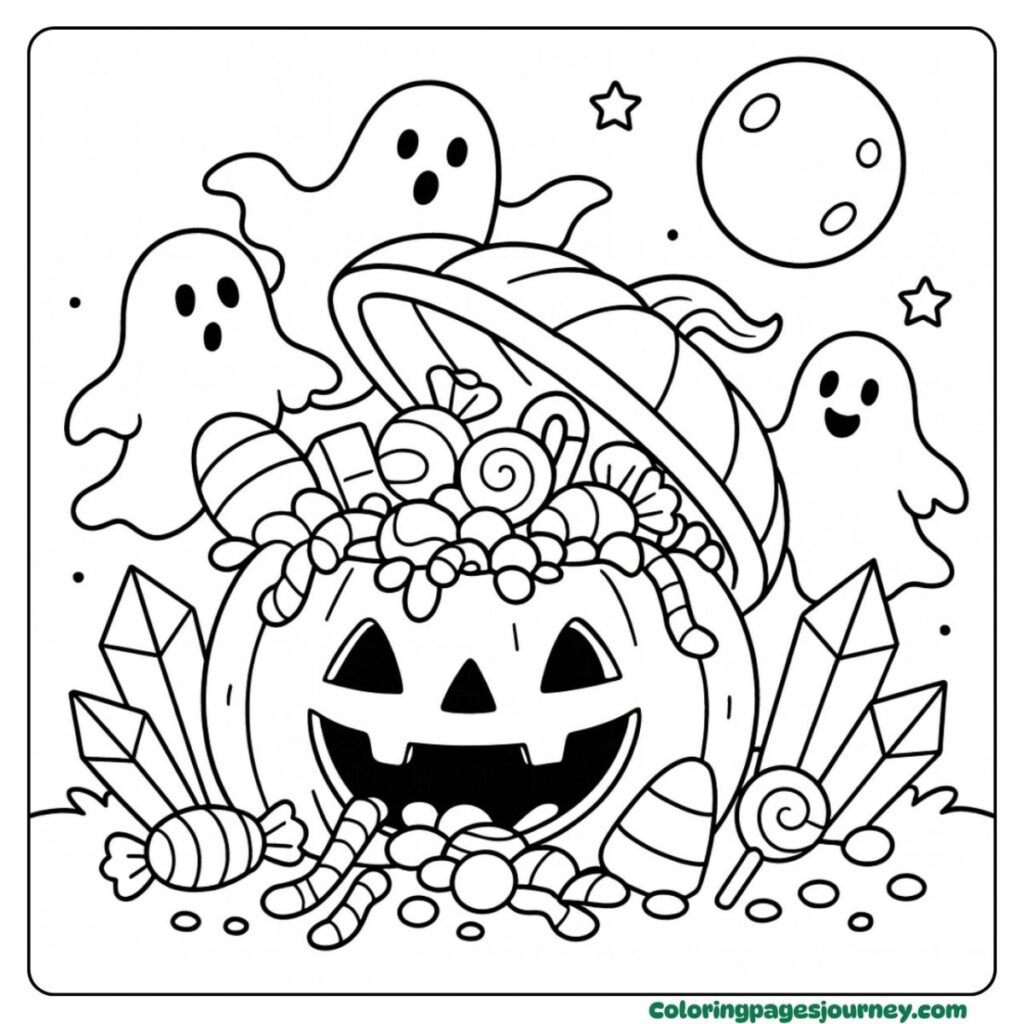 Halloween pumpkin surrounded by ghosts and candy