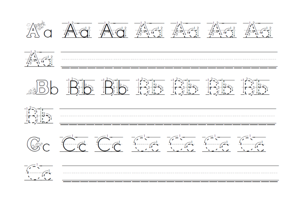 Alphabet handwriting practice worksheet with A, B, and C lines