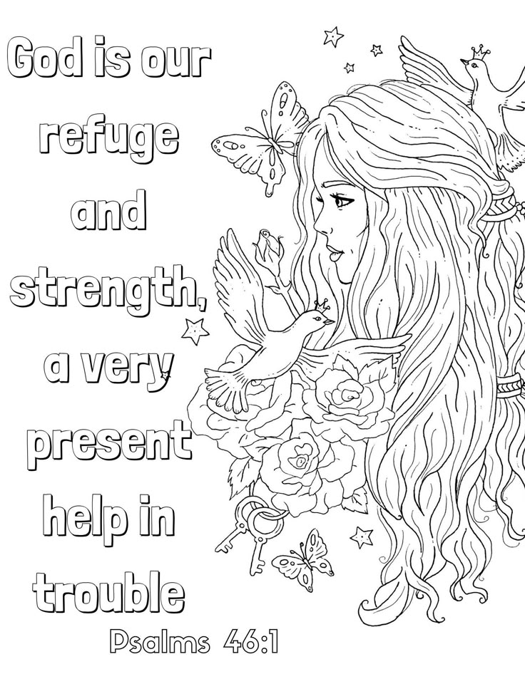 Coloring page with Psalm 46:1 text and woman profile