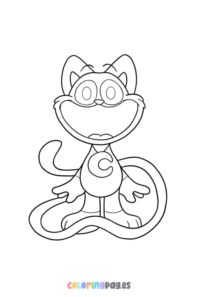 Cartoon cat coloring page with huge grin and tail