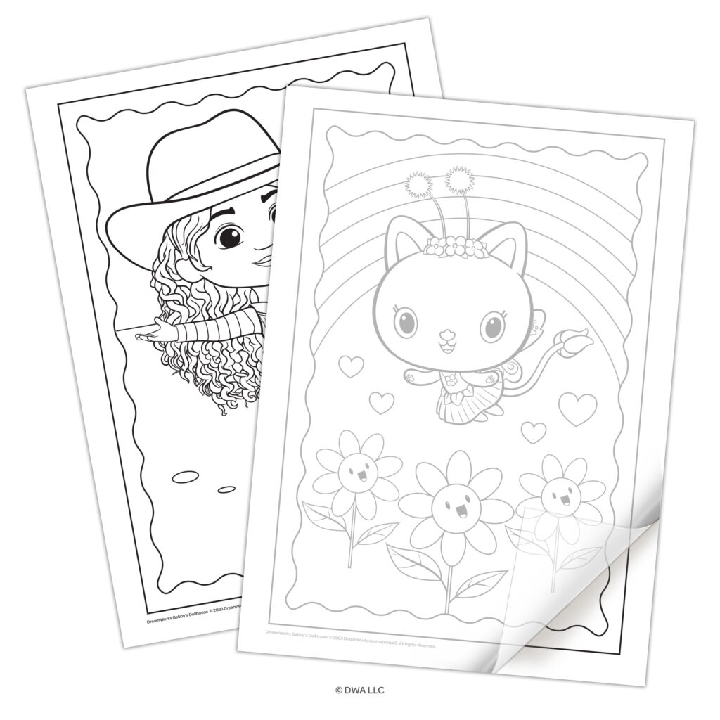 Two overlapping Gabby’s Dollhouse coloring pages