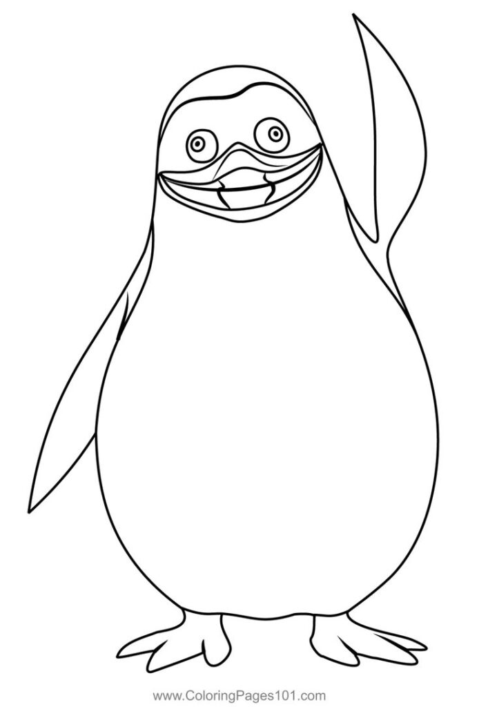 Cartoon penguin line drawing waving, black outline on white