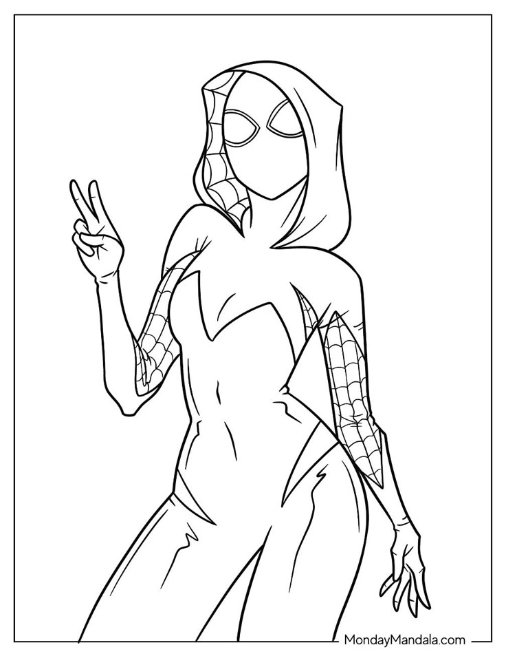 Black-and-white drawing of hooded masked woman making peace sign