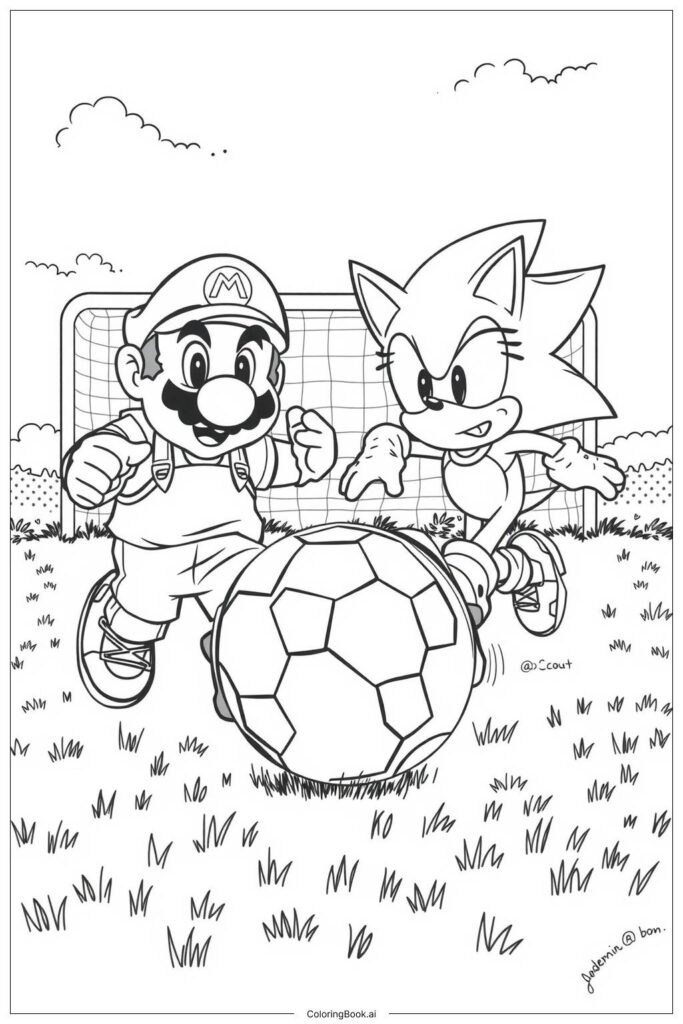Mario and Sonic kicking soccer ball near goal