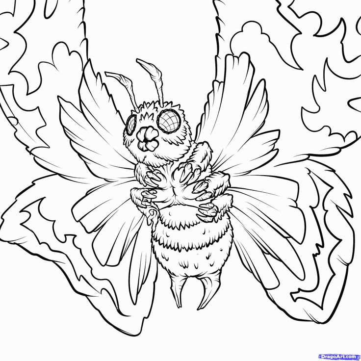 Black-and-white drawing of a winged moth creature