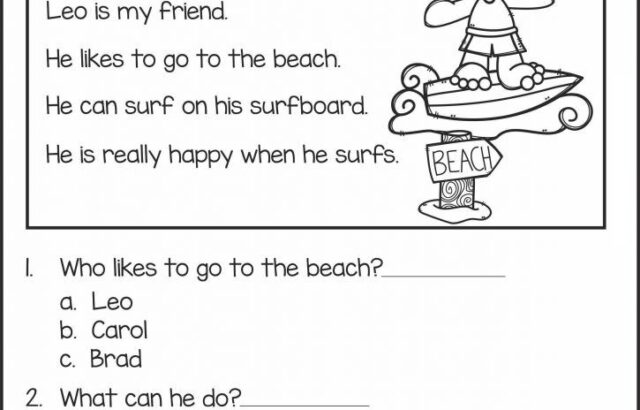 Reading comprehension worksheet about surfing and beach