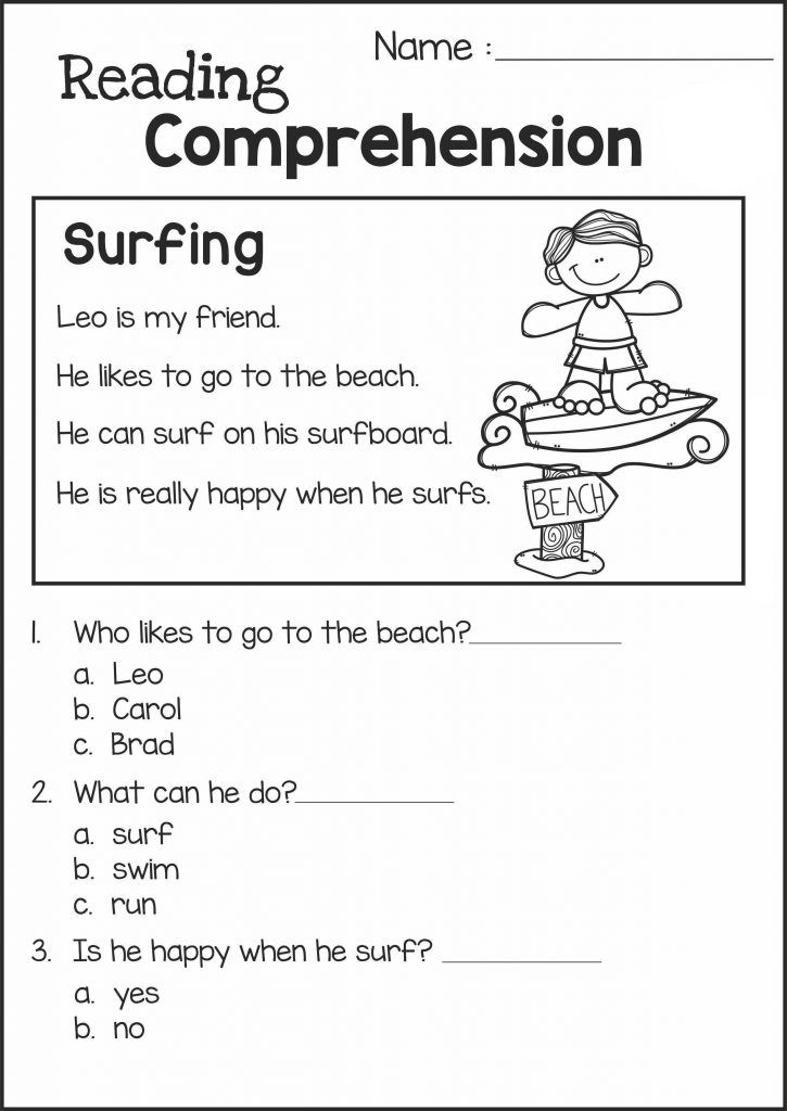 Reading comprehension worksheet about surfing and beach