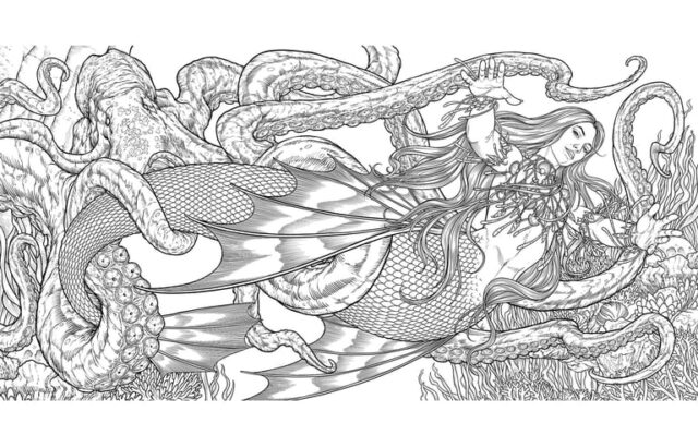 Line art mermaid tangled with octopus tentacles underwater