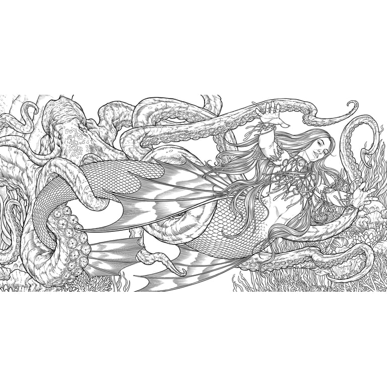 Line art mermaid tangled with octopus tentacles underwater