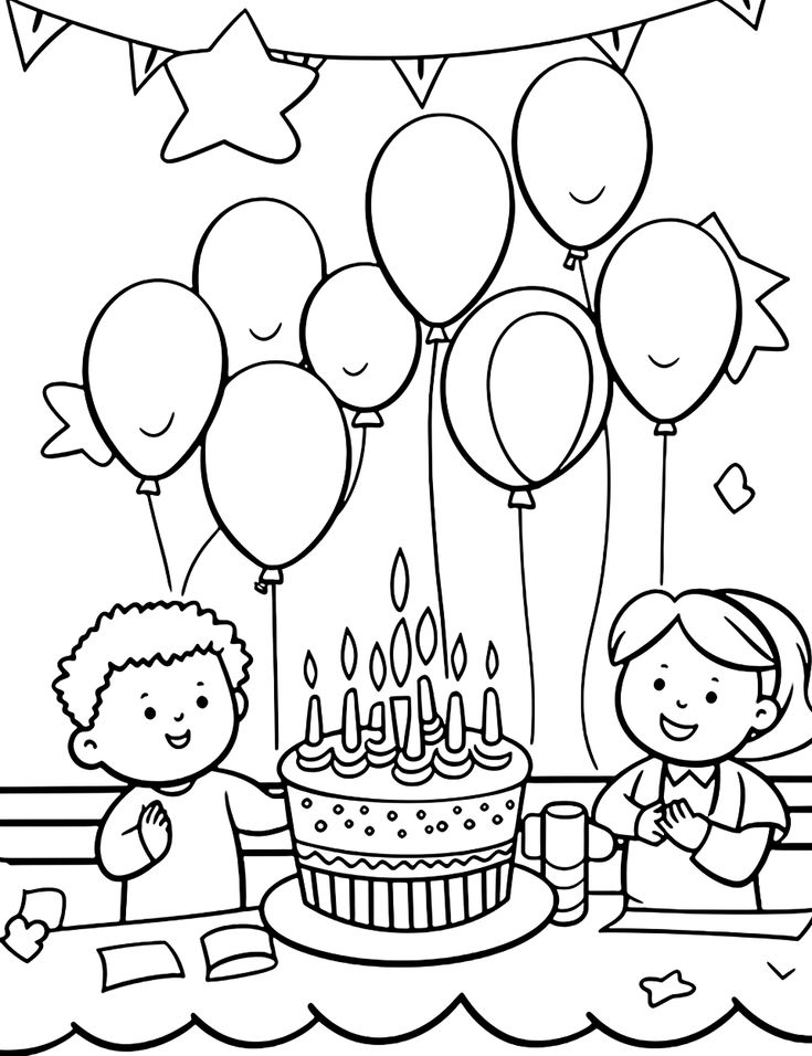 Coloring page of children with birthday cake and balloons