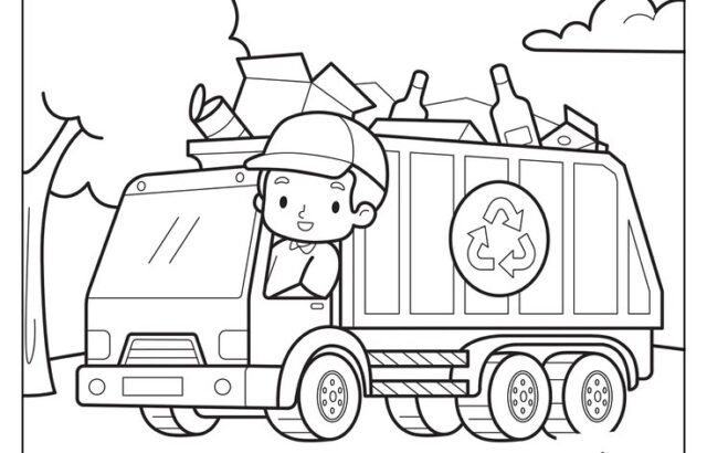 Recycling truck with driver, bins, trees, and sun