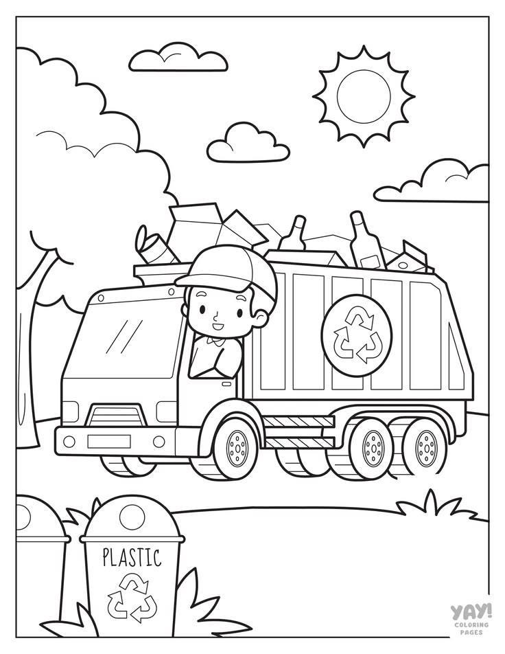 Recycling truck with driver, bins, trees, and sun