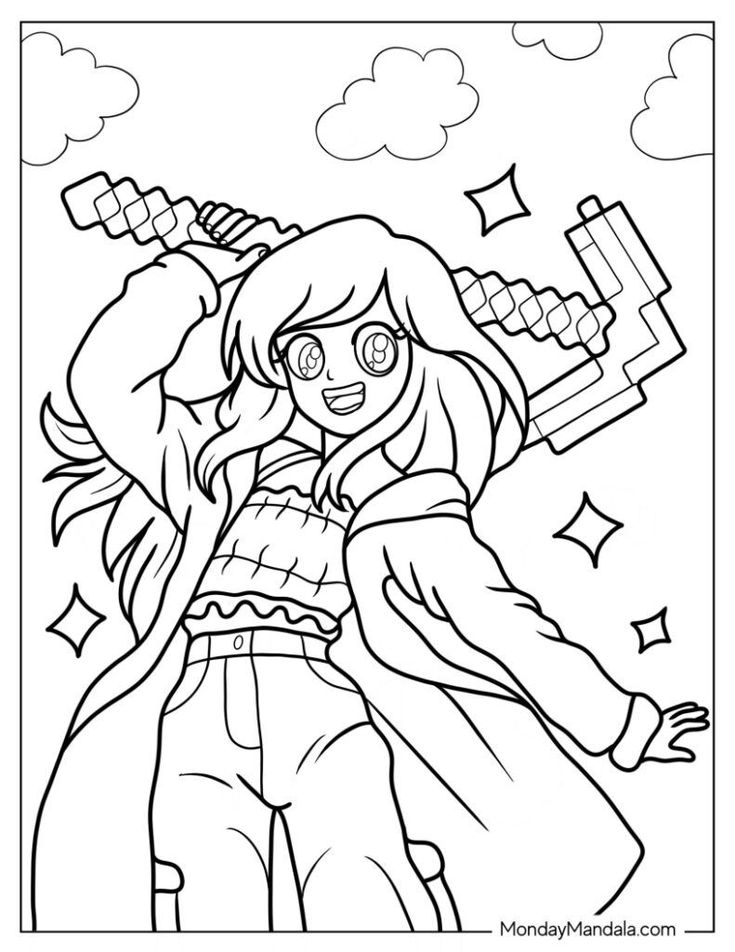 Anime-style girl holding a sword, clouds and sparkles