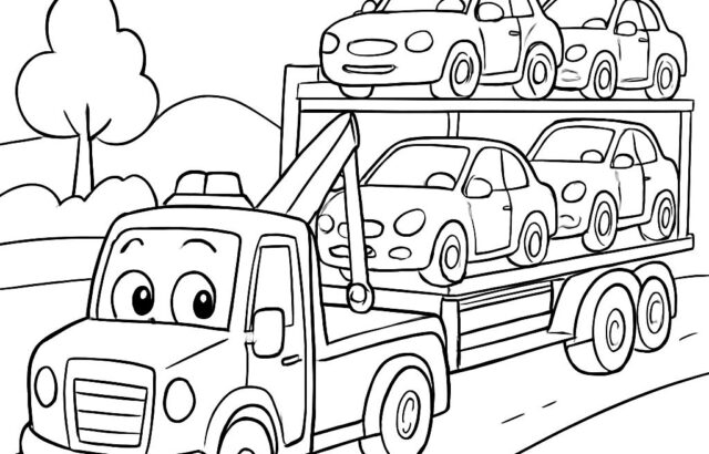 Cartoon tow truck carrying four cars on road