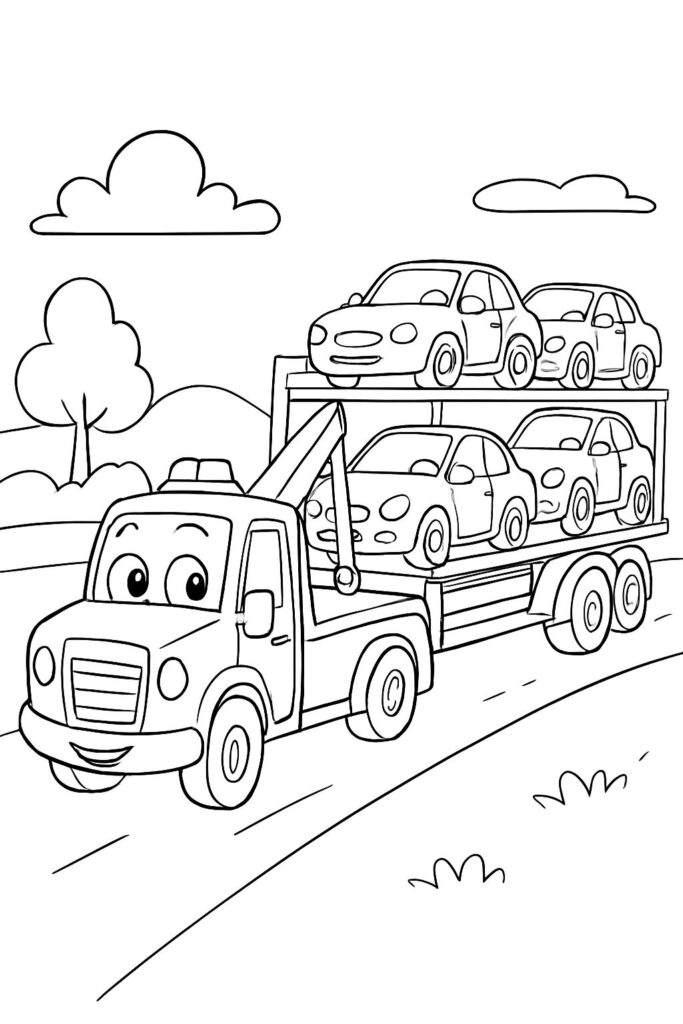 Cartoon tow truck carrying four cars on road