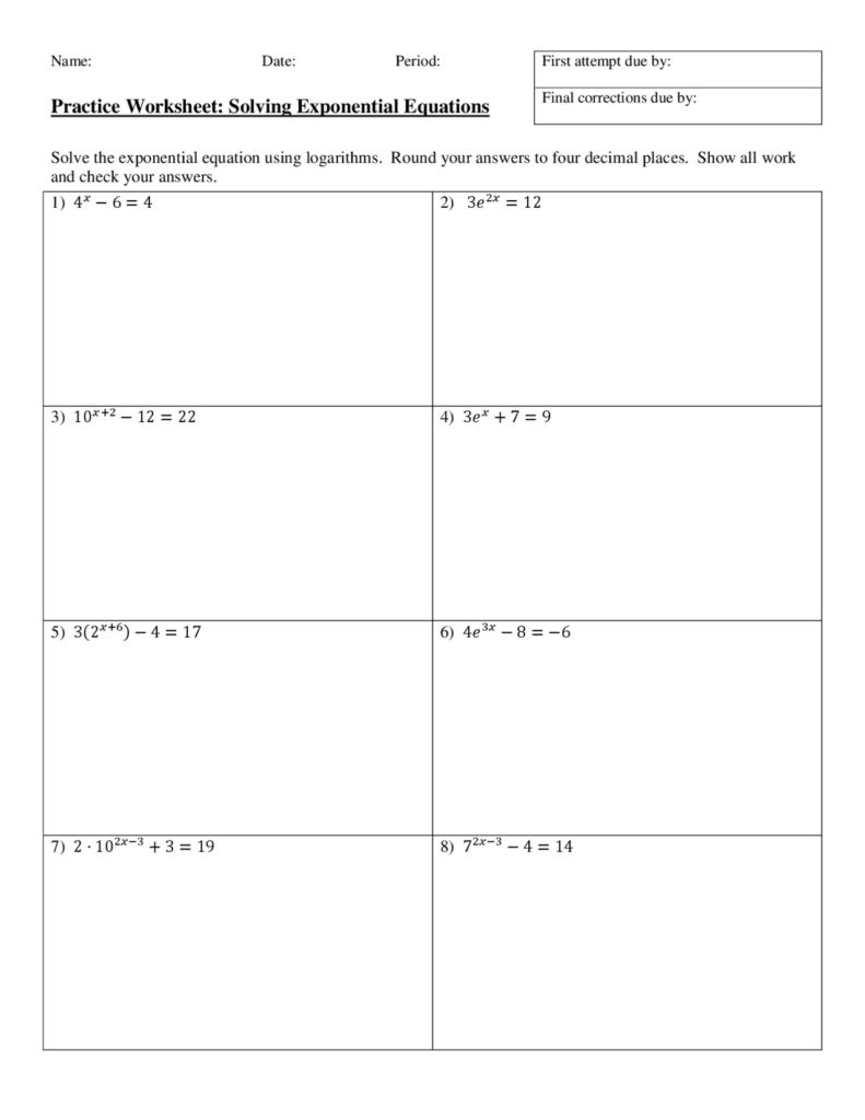 Math worksheet with exponential equations and blank answer boxes