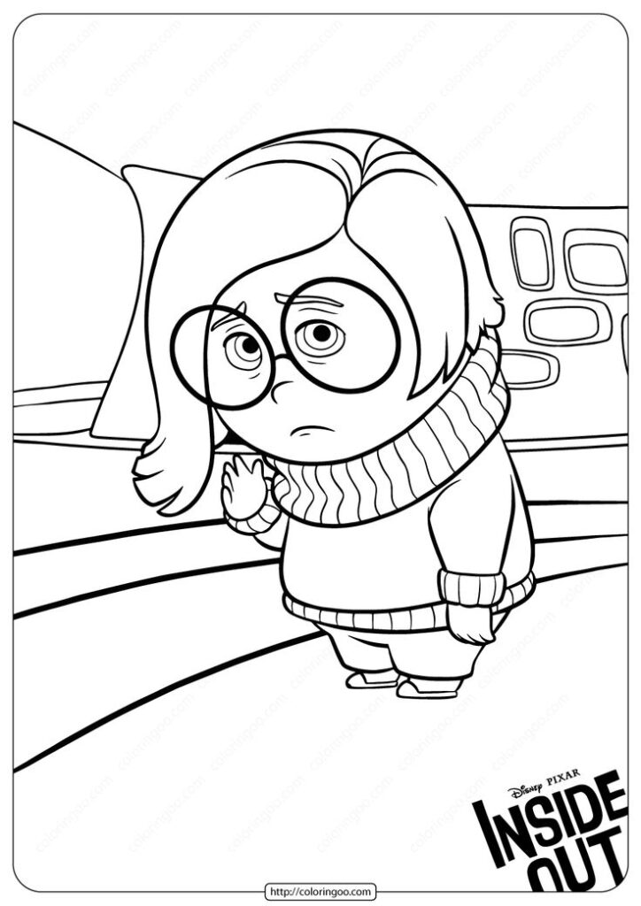 Sad cartoon girl with glasses and scarf indoors