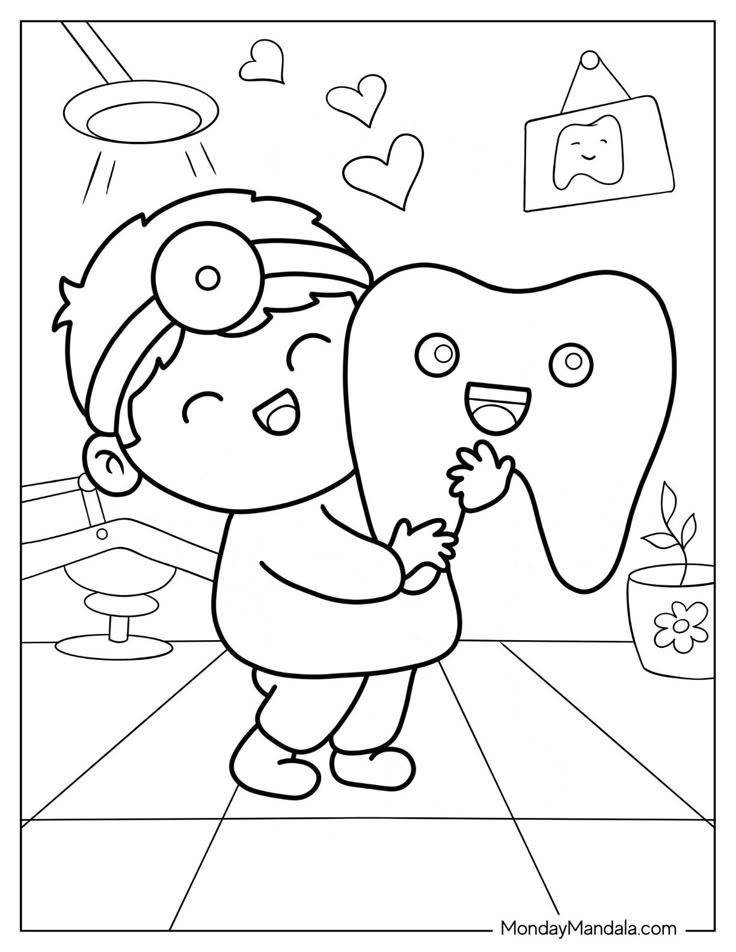 Child hugging smiling tooth in dentist office
