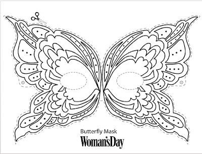 Butterfly mask coloring page with decorative wing patterns