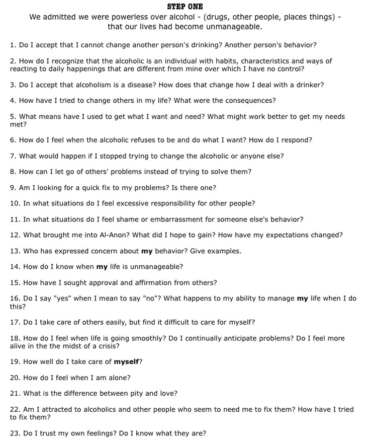 Printed Step One worksheet about alcoholism and Al-Anon questions