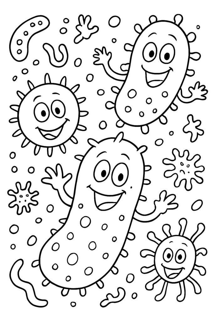 Cartoon bacteria characters on white background