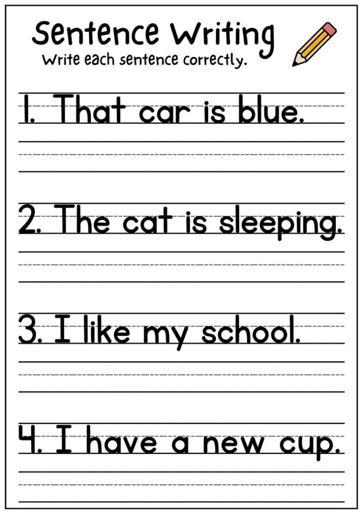 Sentence writing worksheet with four example sentences
