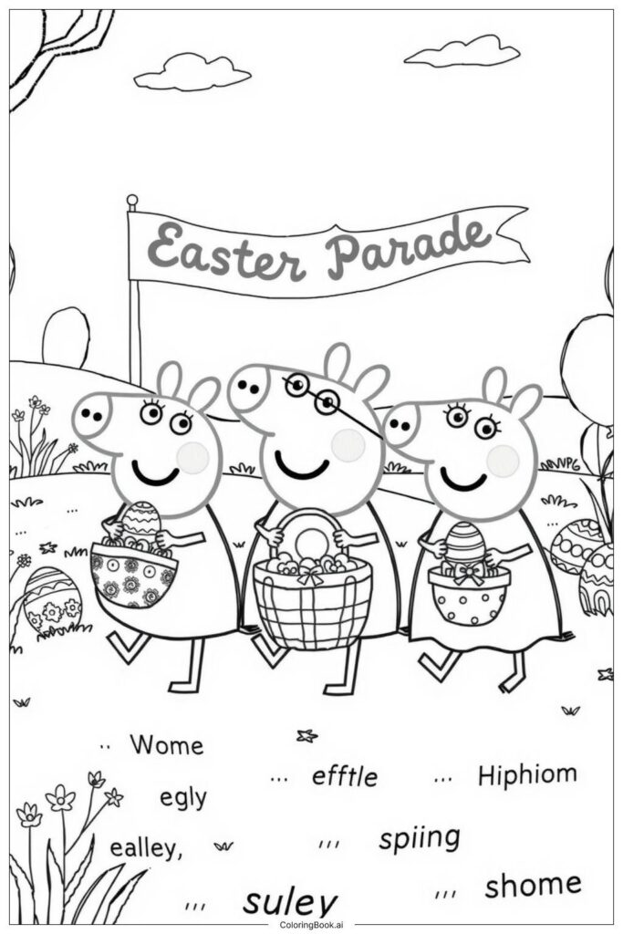Three cartoon pigs walking under an Easter Parade banner