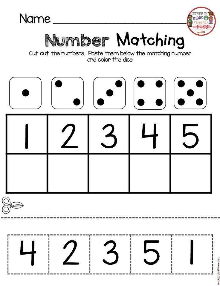 Number matching worksheet with dice, numbers, and grid boxes