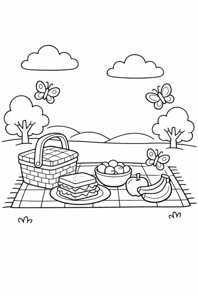 Picnic basket and food on blanket with butterflies and trees