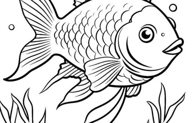 Black-and-white cartoon fish underwater with seaweed and bubbles