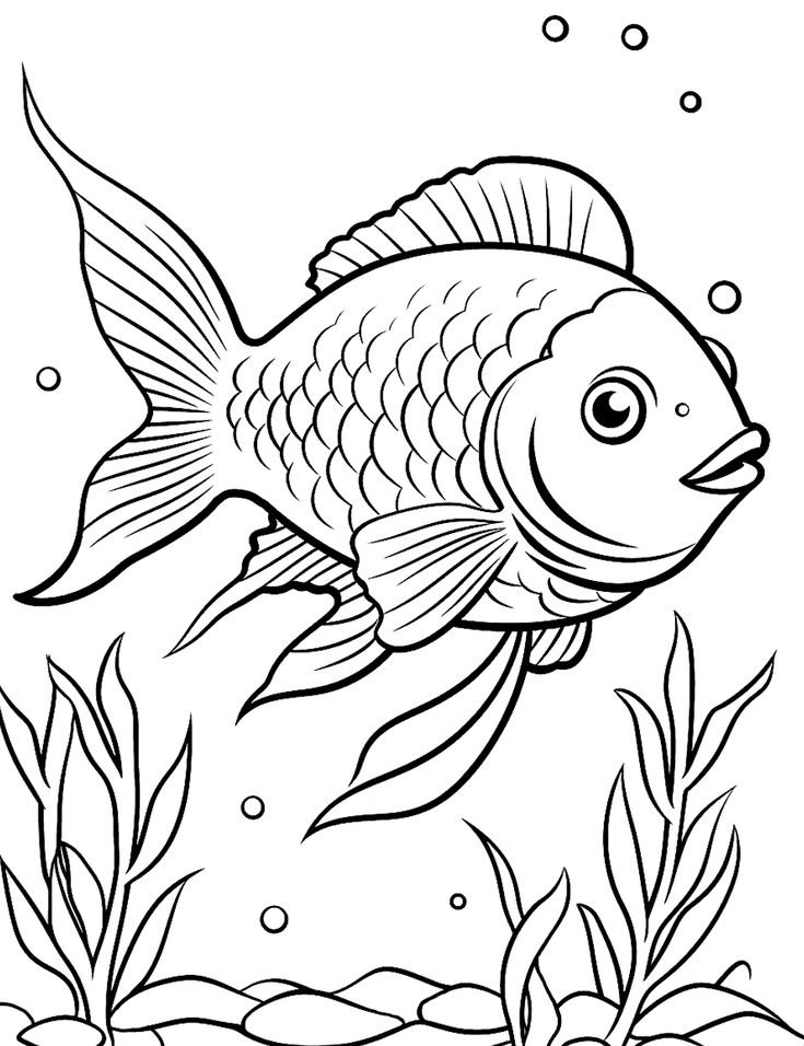 Black-and-white cartoon fish underwater with seaweed and bubbles