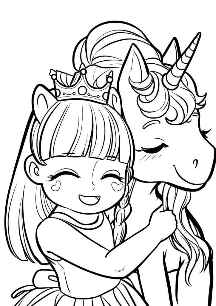Smiling girl hugging a unicorn coloring page
