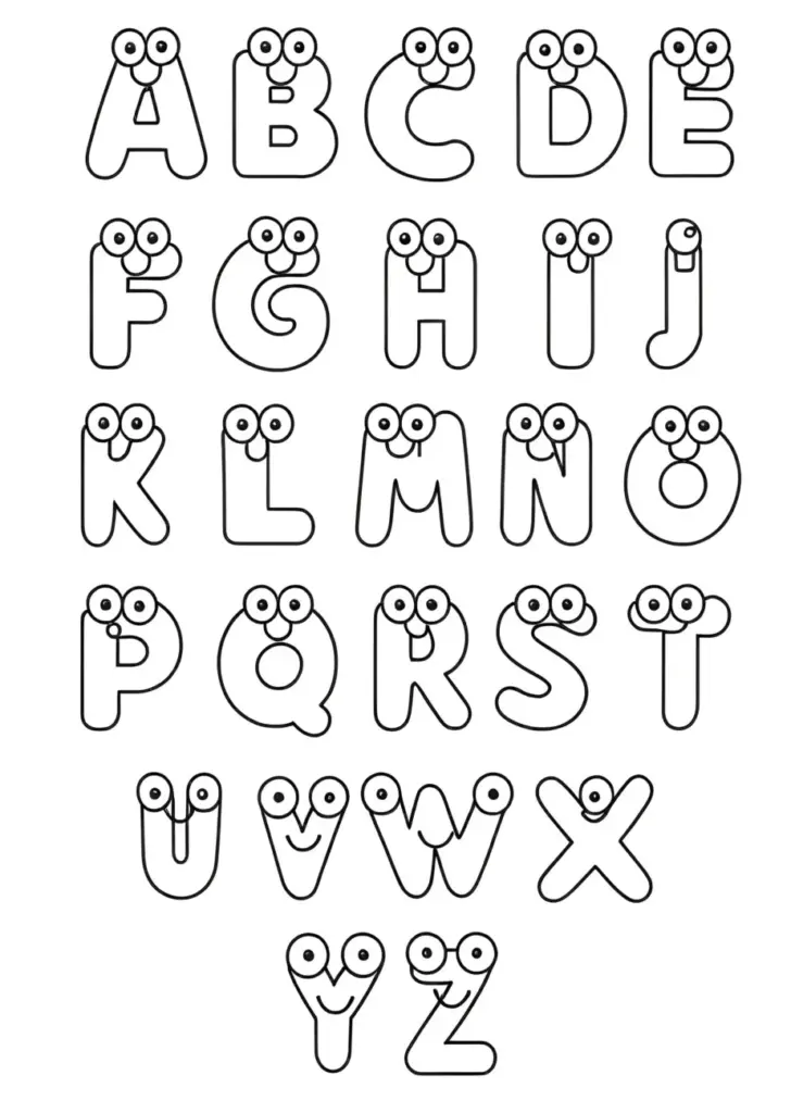 Cartoon alphabet letters A to Z with googly eyes
