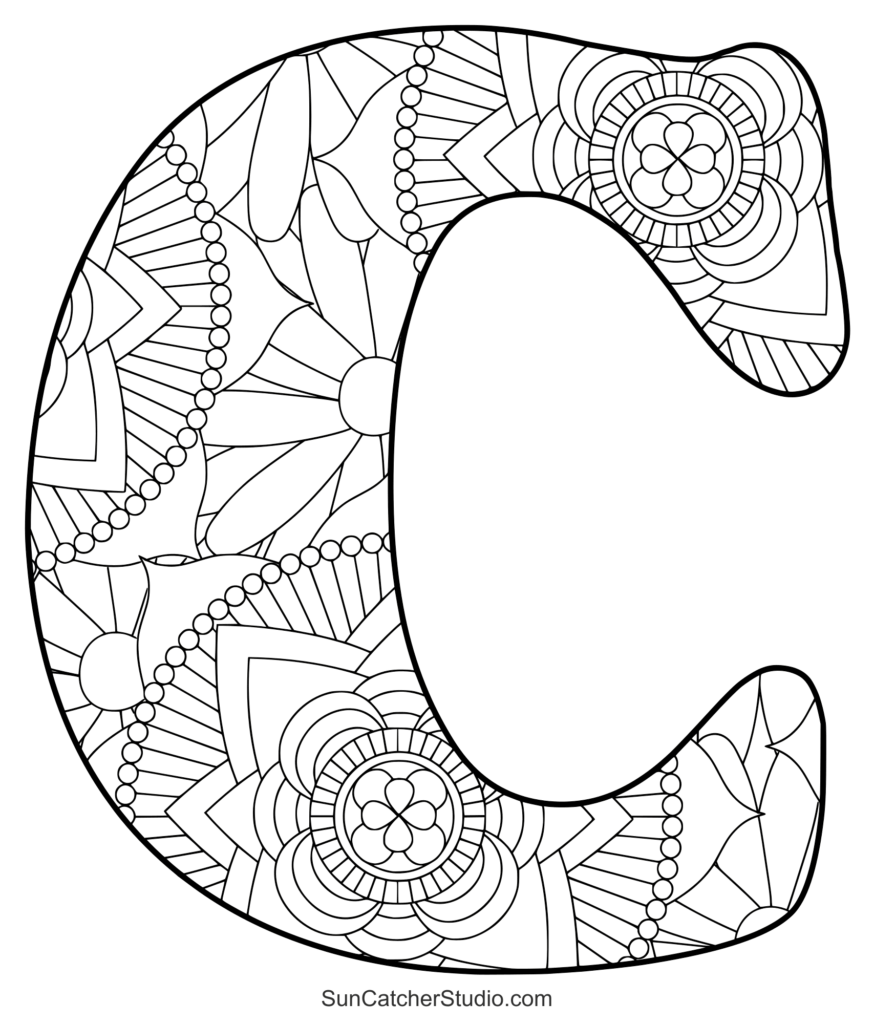 Decorative outlined capital C coloring page with floral patterns