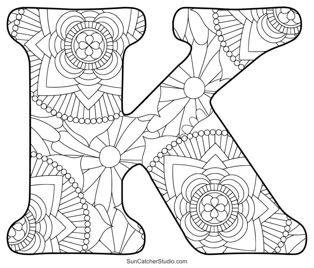 Floral patterned letter K coloring page outline