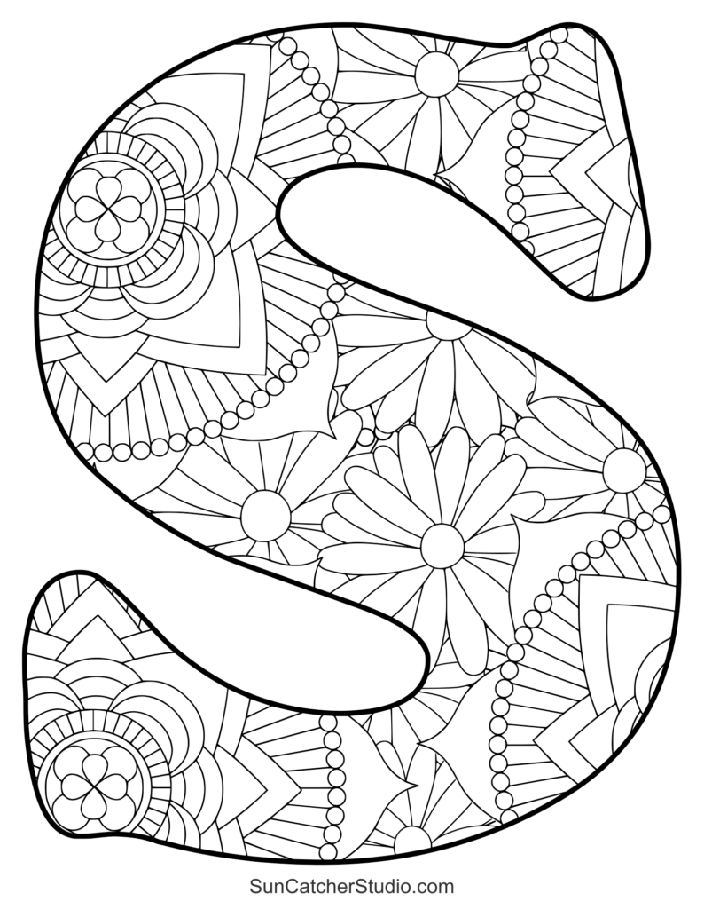 Decorative capital S outline with floral patterns and beads