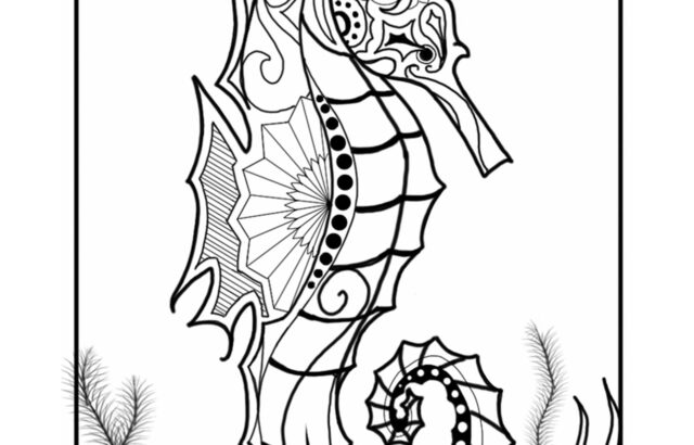 Black-and-white seahorse illustration with coral and seaweed