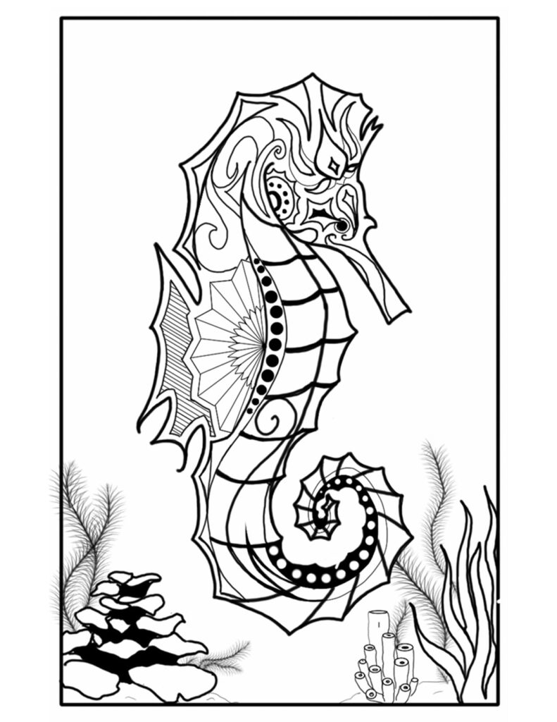 Black-and-white seahorse illustration with coral and seaweed