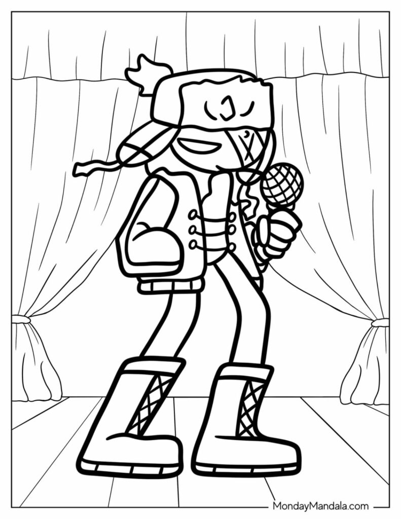 Cartoon singer holding microphone on stage curtains
