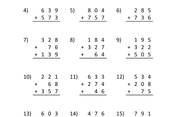 3-digit column addition worksheet with fifteen problems