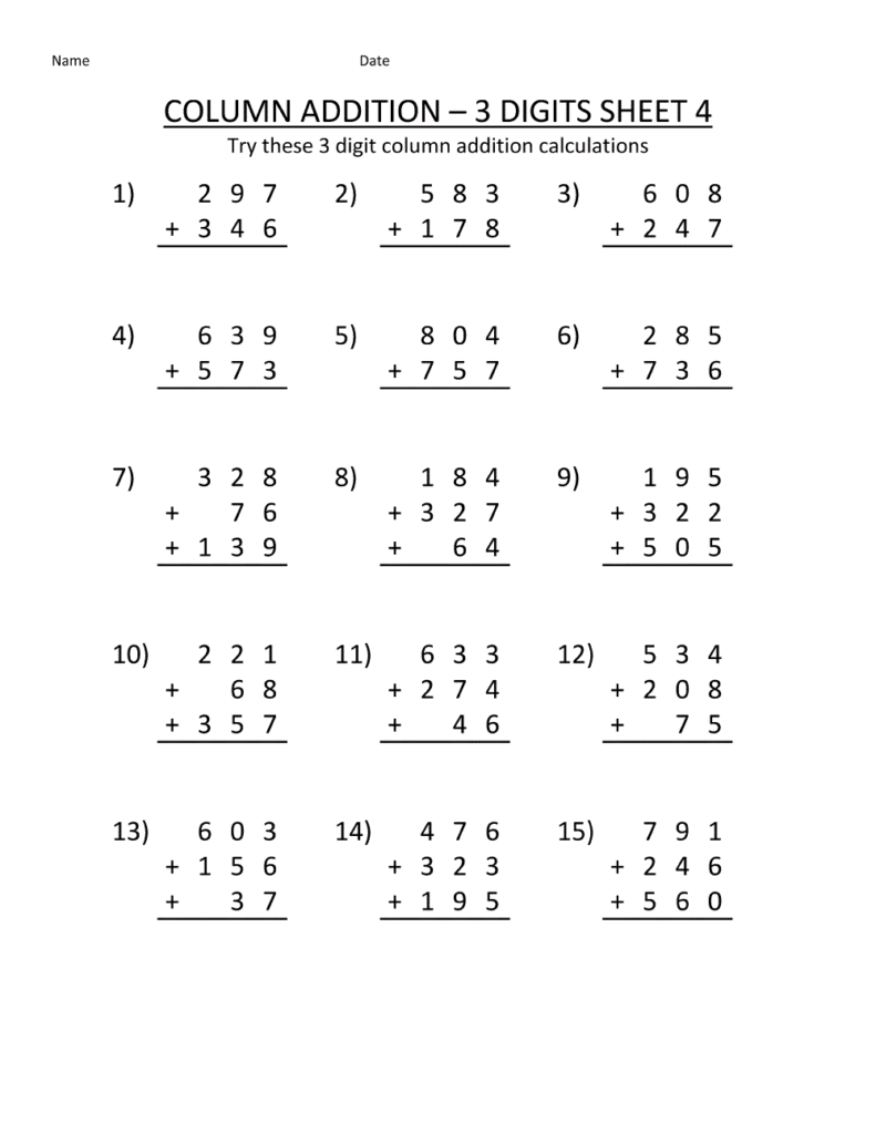 3-digit column addition worksheet with fifteen problems