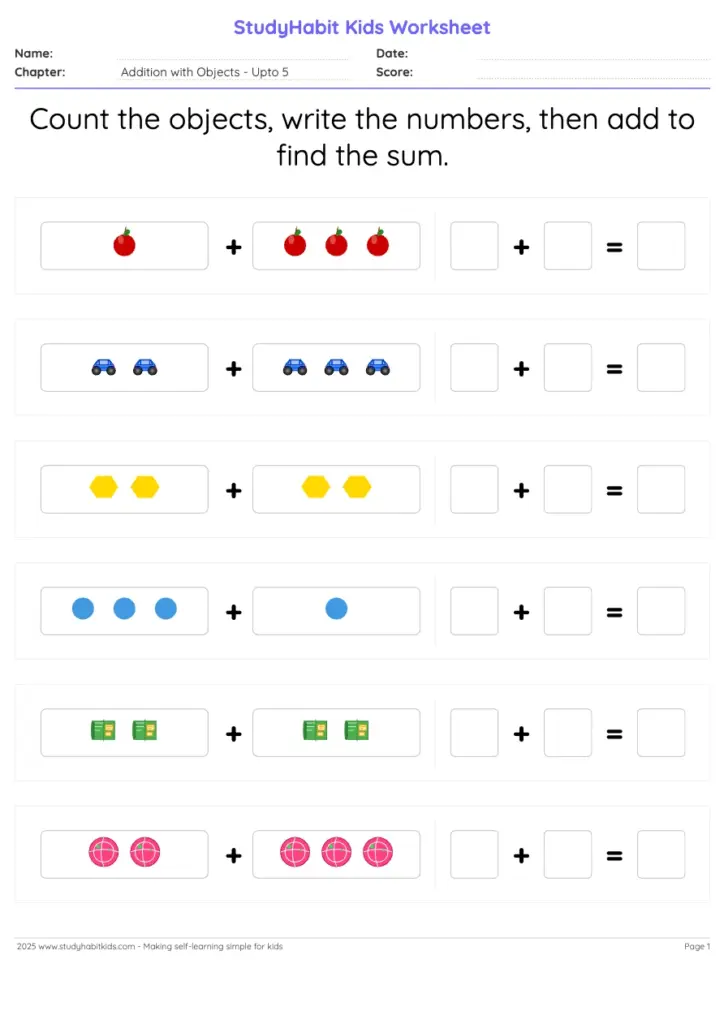 Kids addition worksheet with pictures and blank boxes