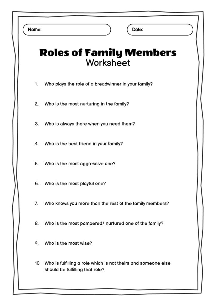 Printable family roles worksheet with ten questions