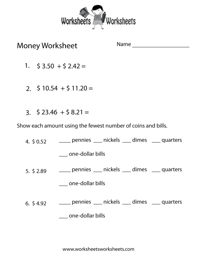 Money worksheet with addition problems and coin counts