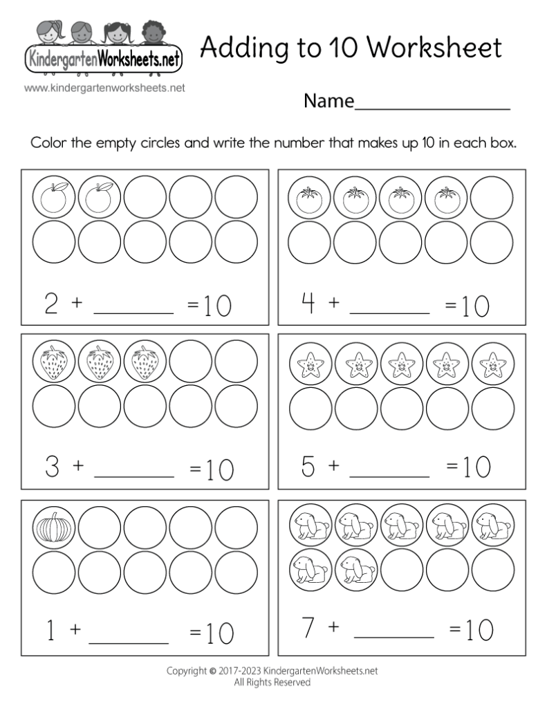 Adding to 10 worksheet with circles and pictures